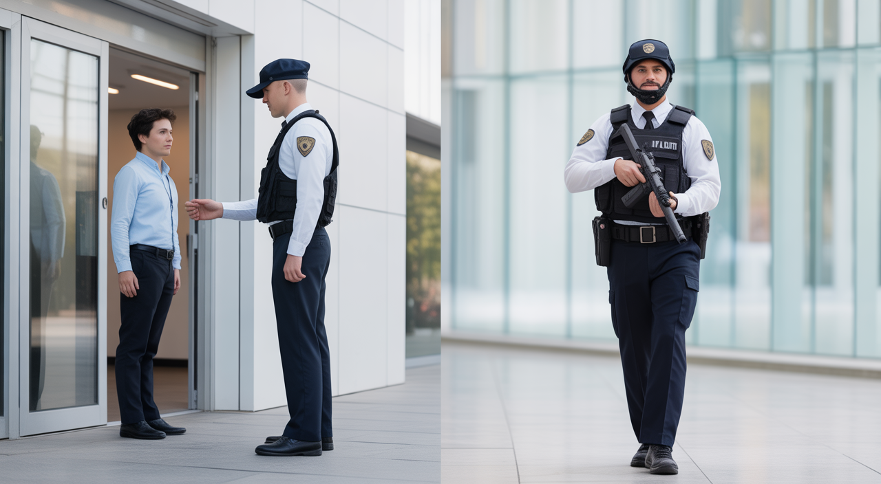 Professional security guard patrolling a commercial building in Los Angeles