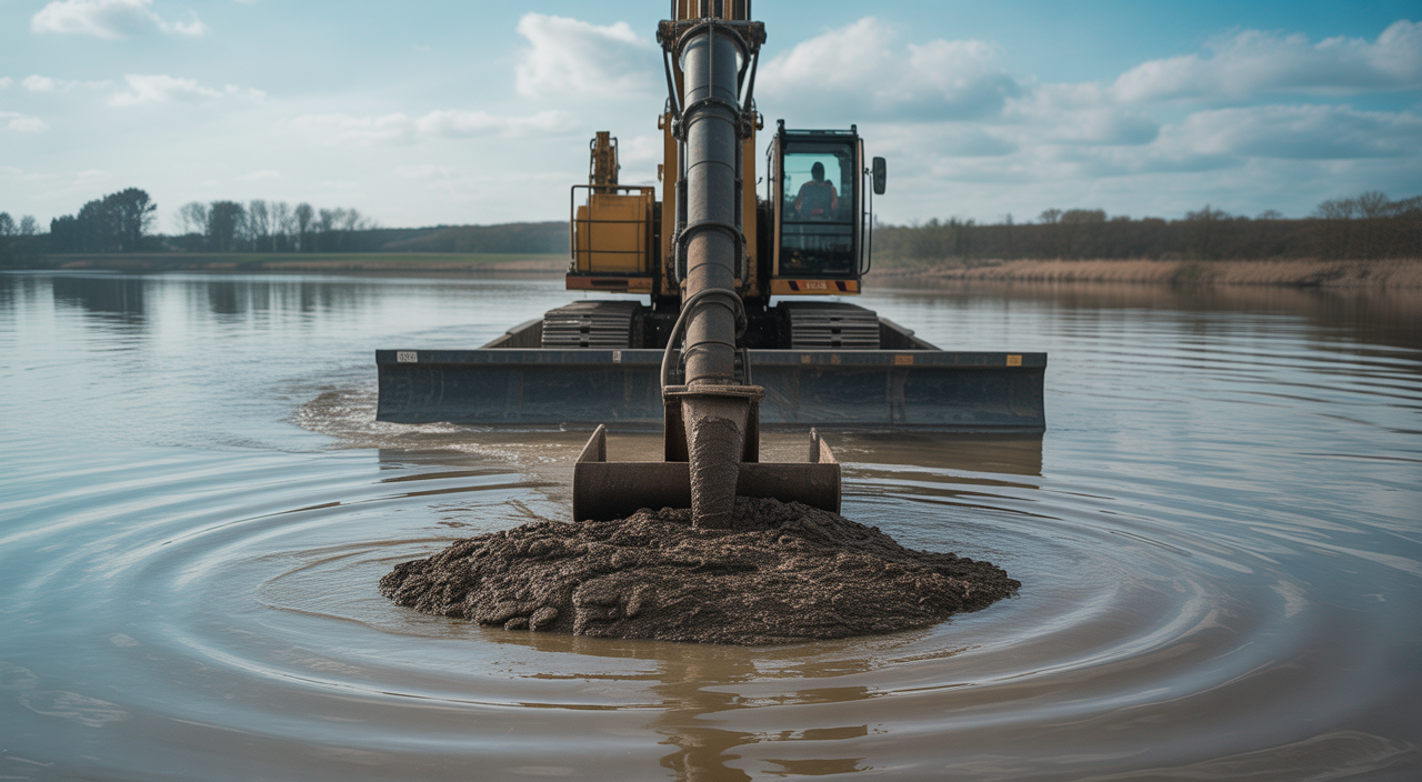 Sludge dredging operation in a pond