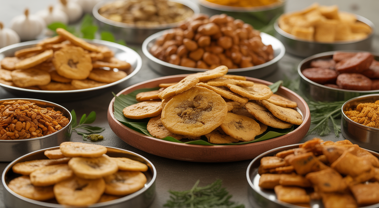 A vibrant, wide-angle hero shot of various healthy and traditional Telugu snacks, including baked banana chips, roasted mixed nuts, and jaggery-based sweets, arranged beautifully on a clean white background.