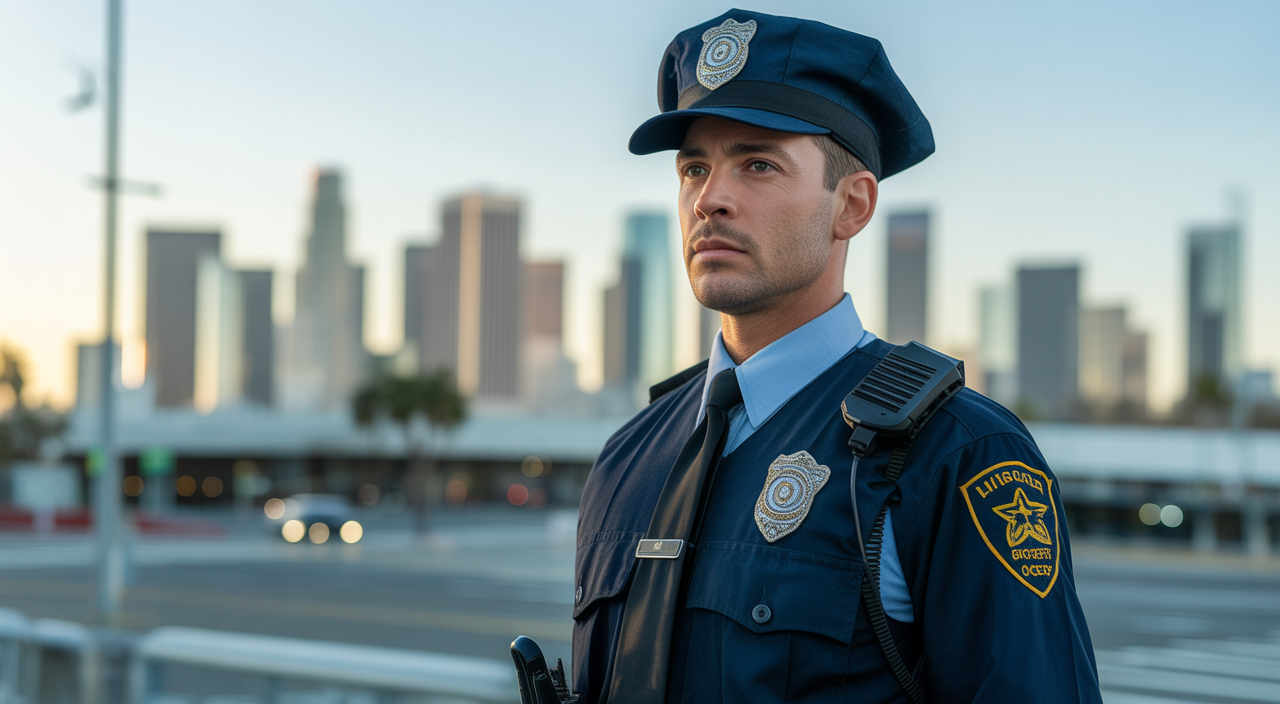 Professional security guard overlooking the Los Angeles cityscape, symbolizing urban safety and protection services.