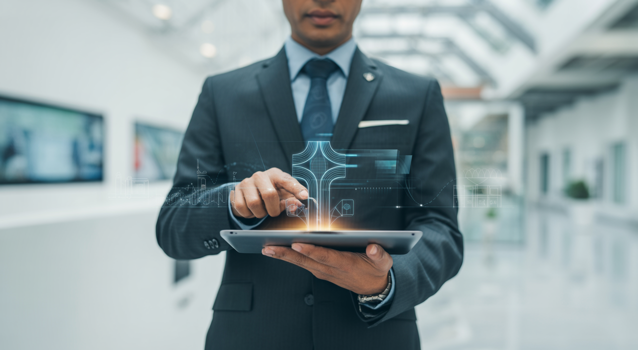 Professional photo of a person using a tablet, representing digital compliance with legal metrology online services in India.