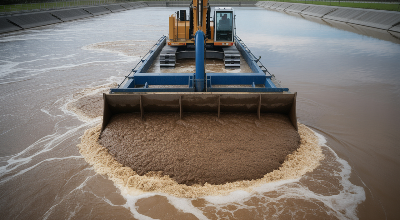 Modern dredge operating in a wastewater treatment plant lagoon, effectively removing accumulated sludge to restore capacity and efficiency.