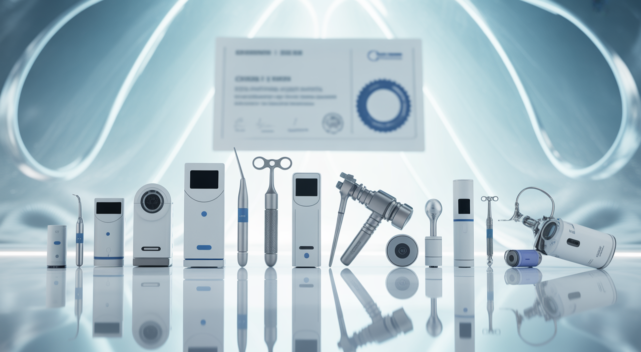 Modern medical devices on a sterile surface, representing ISO 13485 quality management and certification for businesses in India.