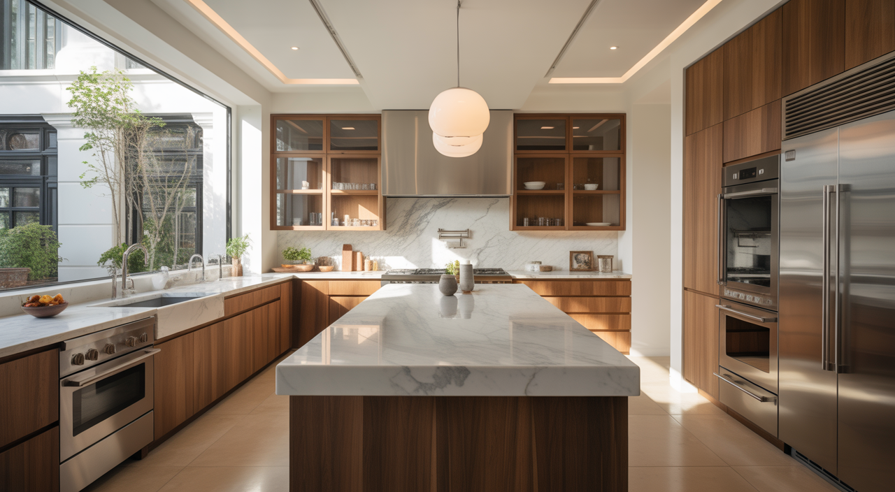 A beautifully designed luxury kitchen in Mosman with a large marble island and modern appliances, showcasing high-end renovation.