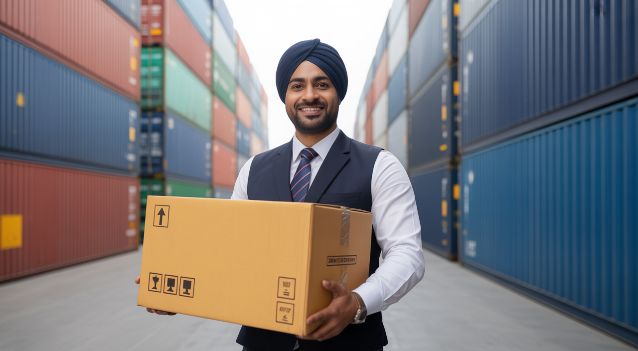 Photorealistic image of an Indian exporter with a shipment box and European freight container symbolizing export to Europe