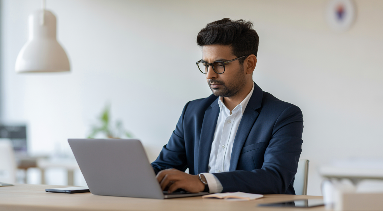 Photorealistic image of an Indian tech entrepreneur focused on work in a modern office setting with a clean white background